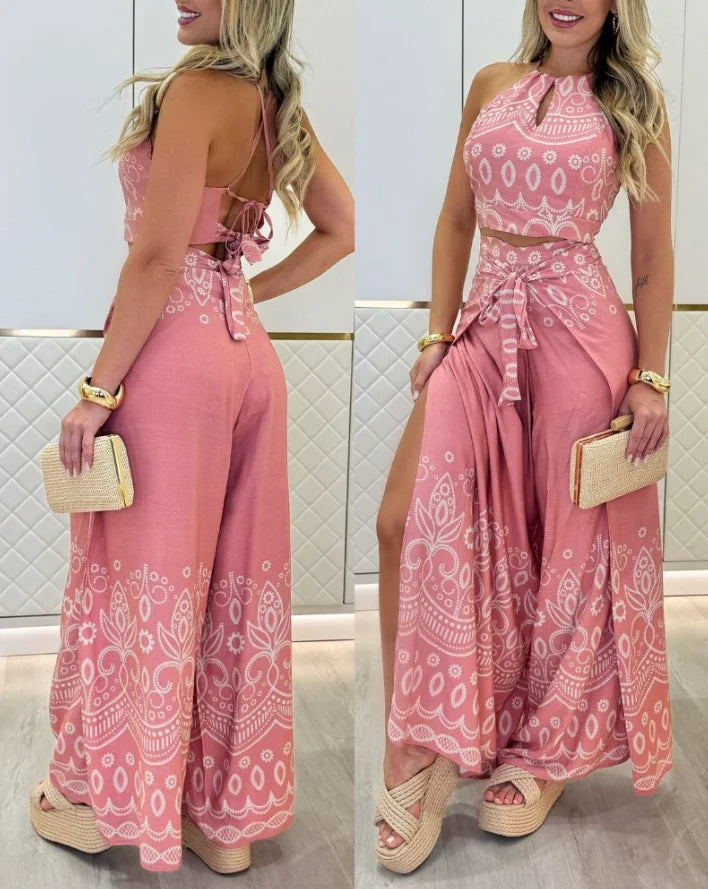 Savanna Set – Tribal Print Halter Top & Slit Pants Two-Piece Look