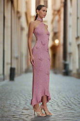 Opal Grace Embellished Knit Gown – Metallic Floral Bodycon Maxi