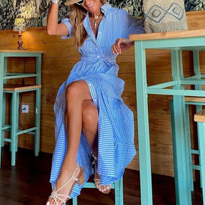 Coastal Stripe Edition – Maxi Striped Dress with Slit & Belt