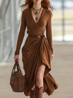 Casual And Stylish Brown V-neck Slit Midi Dress