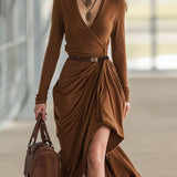 Casual And Stylish Brown V-neck Slit Midi Dress