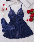 Women's Lace Sexy Ruffle Suspender Nightdress and Panty Set