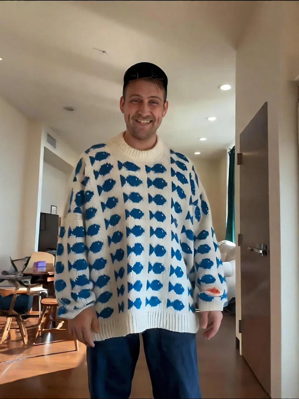 Blue Fish Pattern Knit Sweater
