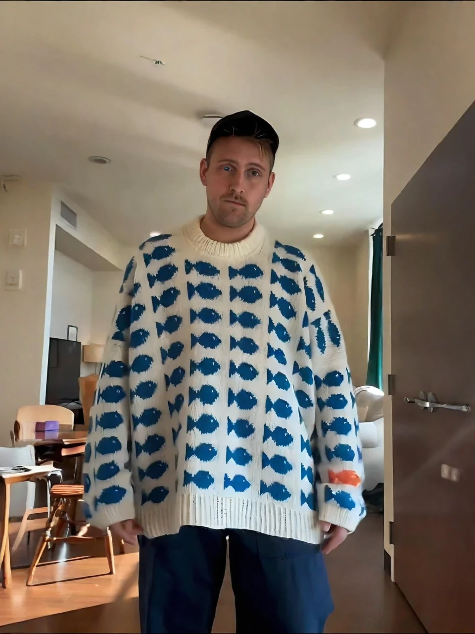 Blue Fish Pattern Knit Sweater