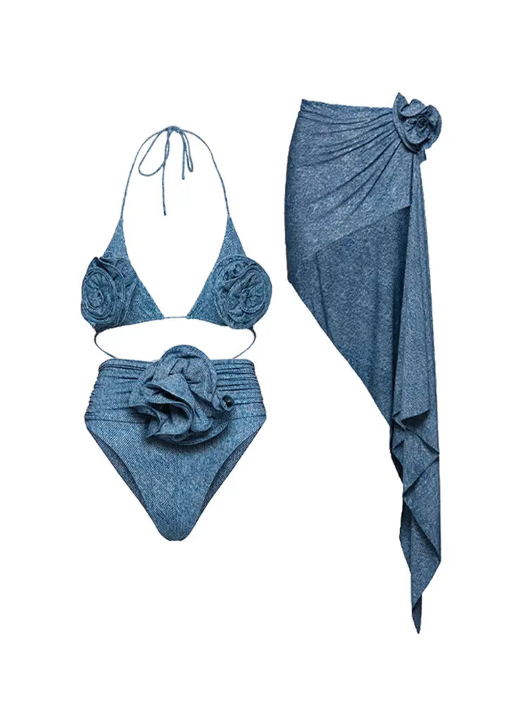 3D Floral Halter Sexy Bikini Set