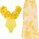 3D Floral Strapless Solid One-Piece Swimsuit