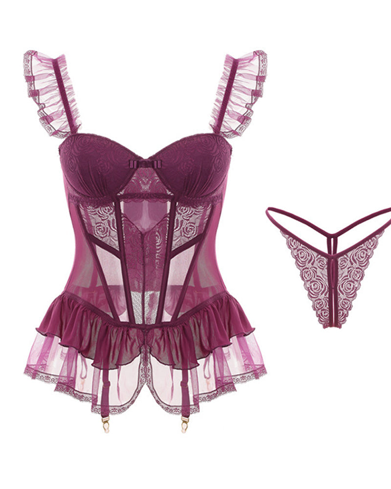 Sexy Lace Mesh See-through Underwire Tutu Skirt Lingerie Set