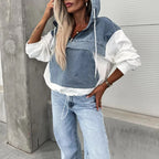 Loose Casual Wash Denim Patchwork Hoodie