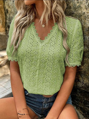 Women's V-Neck Short Sleeve Top with Lace Trim