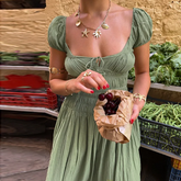 French Strapless Dress – Puff Sleeve Vintage-Inspired Midi