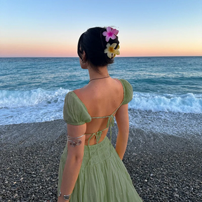 French Strapless Dress – Puff Sleeve Vintage-Inspired Midi