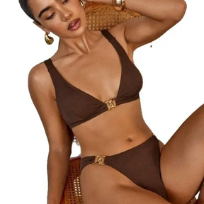 Lexie™ Bikini Set – Brown Elegance with Golden Detail