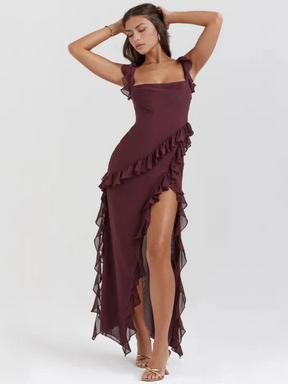 Amber Ruffle High-Slit Maxi Dress – Elegant Summer Statement Look