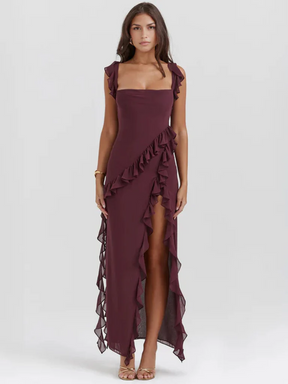 Amber Ruffle High-Slit Maxi Dress – Elegant Summer Statement Look