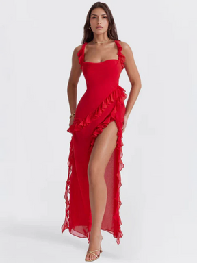 Amber Ruffle High-Slit Maxi Dress – Elegant Summer Statement Look