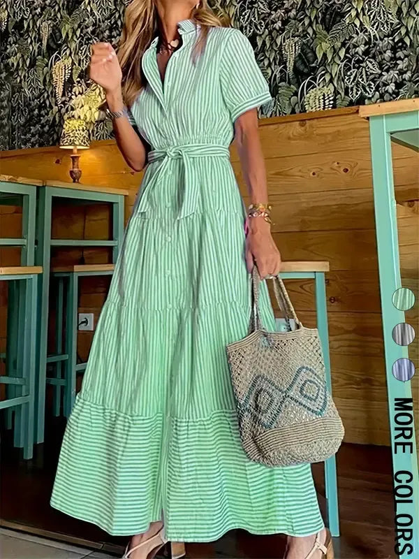 Coastal Stripe Edition – Maxi Striped Dress with Slit & Belt