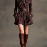 Vintage Lapel Red and Brown Plaid Mini Dress（Includes belt）