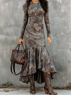 Vintage Polyester Flare Hem Midi Dress