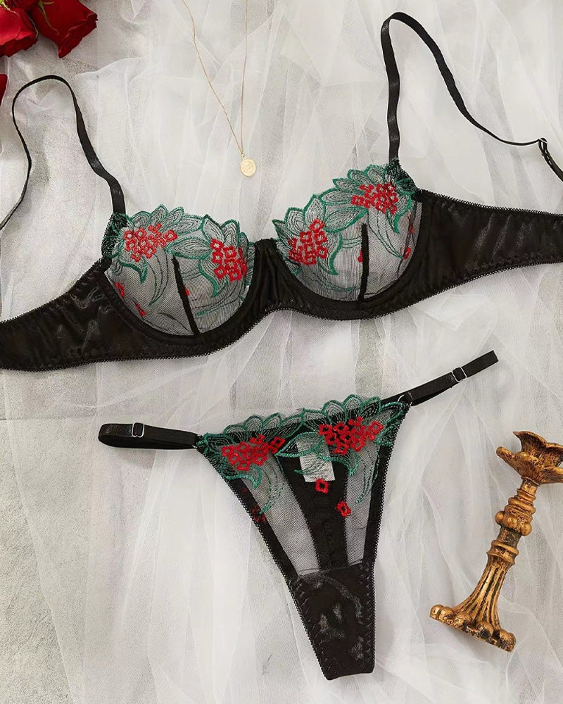 Sexy Colorblock Flower Embroidered Underwire Mesh Bra Set