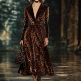 【24-hour shipping out】Lapel Fashion Party Leopard Print Velvet Long Sleeve Midi Dress