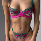 Sexy Colorblock Flower Embroidered Underwire Mesh Bra Set