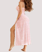 Sexy Suspenders See-Through Lace Mesh Long Slits With Panties Pajamas Set