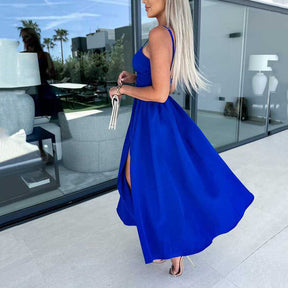 Vanette - Elegant Strappy Front Slit Midi Dress