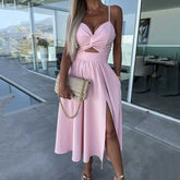 Vanette - Elegant Strappy Front Slit Midi Dress