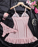 Sexy V-neck Polka Dot Print Semi-transparent Suspender Nightdress Set